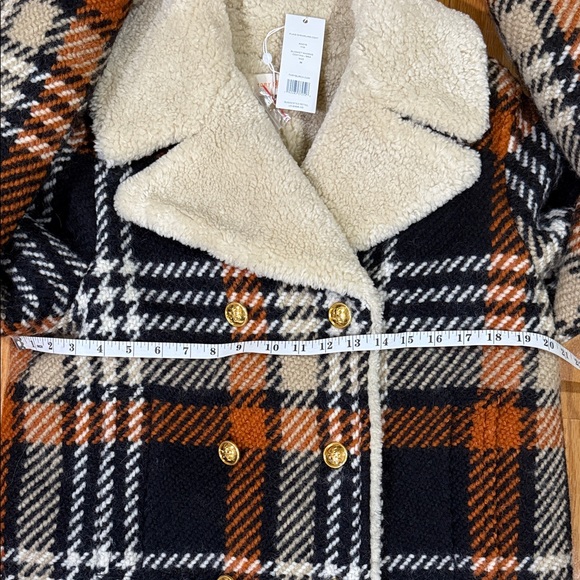 Tory Burch Black, Brown & Cream Plaid Sherpa-Trim Double-Breasted Pea Coat - Picture 7 of 9